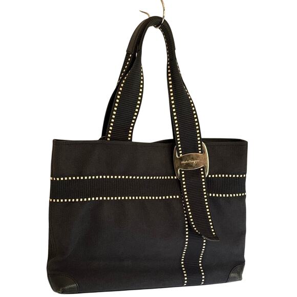 Salvatore Ferragamo Dark Navy Canvas and Leather Tote with Silver Hardware - Picture 1 of 8